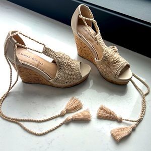 Moda Spana: nude wedges with ties around ankle, size 7.5. 4 inches tall